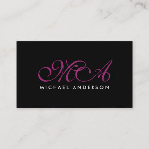 Lila Monogram Elegant Script - svart bakgrund Visitkort