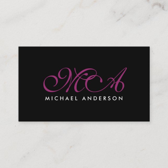 Lila Monogram Elegant Script - svart bakgrund Visitkort (Framsida)