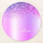 Lila Monogram Glitter Gnistra Girly-skript Underlägg Papper Rund<br><div class="desc">Lila Faux Foil Metallic Gnistra Glitter Brushed Metall Monogram Namn Papper Underlägg. Det gör perfekt studenten,  födelsedag,  bröllop,  möhippa,  årsdag,  babydusch eller bachelorette-fest till någon som glam lyx och chic stilar.</div>