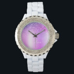 Lila monogram glitter gnistrande flickaktig text armbandsur<br><div class="desc">Lila falsk folie metallisk glänsande glitter borstat metall monogram namn klocka. Detta gör den perfekta presenten för examen,  födelsedag,  bröllop,  bröllopsdusch,  årsdag,  baby shower eller möhippa för någon som älskar glamourösa lyxiga och chic stilar.</div>