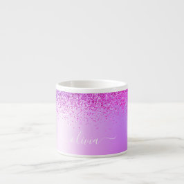 Lila monogram glitter gnistrande flickaktig text espressomugg