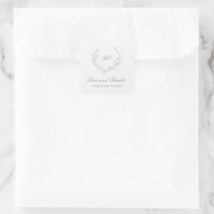 Lila monogram krans elegant bröllop fyrkantigt klistermärke