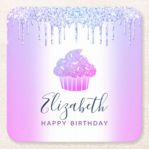 Lila monogram namn cupcakes glitterdroppar skrift underlägg papper kvadrat