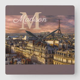 Lila Monogram Paris Frankrike Eiffel Torn Photo Fyrkantig Klocka