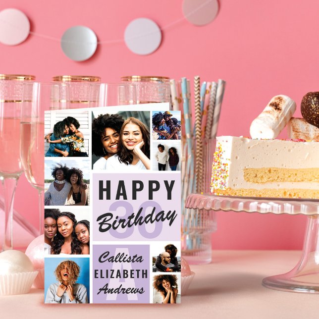 Lila Monogram Photo Collage Grattis på födelsedage Kort (Skapare uppladdad)