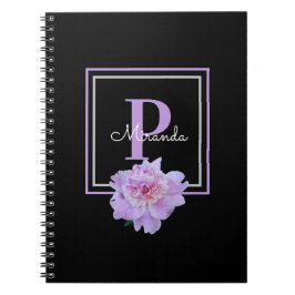 Lila Monogram Rosa Peony Flower Black Anteckningsbok