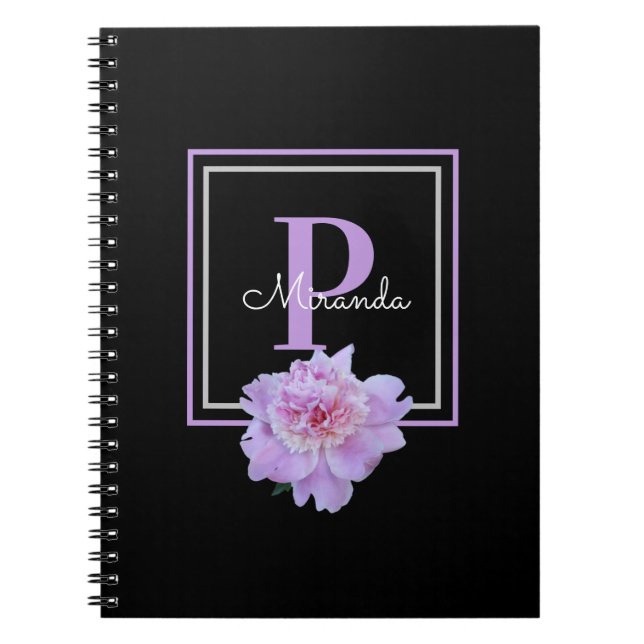 Lila Monogram Rosa Peony Flower Black Anteckningsbok (Framsidan)