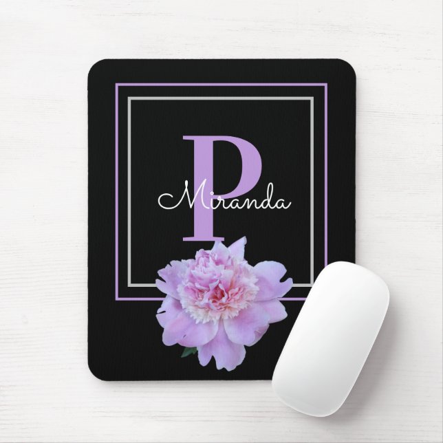 Lila Monogram Rosa Peony Flower Black Musmatta (Med mus)
