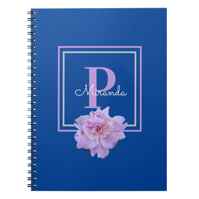 Lila Monogram Rosa Peony Flower Blue Anteckningsbok (Framsidan)