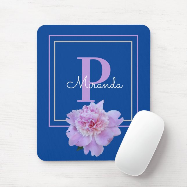 Lila Monogram Rosa Peony Flower Blue Musmatta (Med mus)