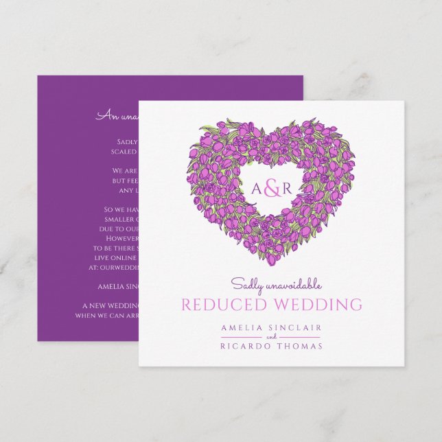 Lila monogram tulpaner hjärta reducerad bröllop meddelande (Fram/baksida)
