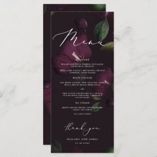 Lila Moody Blooms Calligraphy Bröllop Middag Meny