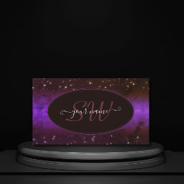 Lila Mörk Burgundy Galaxy Glitter Stars Monogram Visitkort