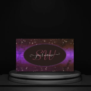 Lila Mörk Burgundy Galaxy Glitter Stars Monogram Visitkort