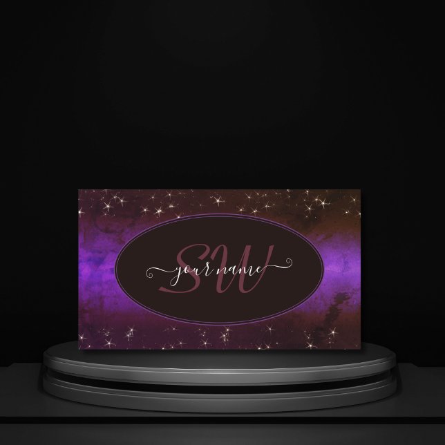 Lila Mörk Burgundy Galaxy Glitter Stars Monogram Visitkort (Skapare uppladdad)