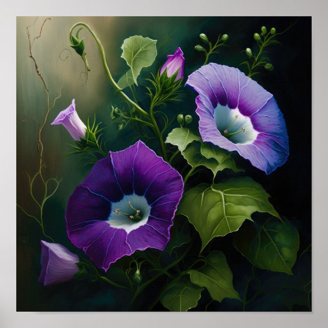 Lila Morning Glory Blomma Konsttryck Poster (Framsidan)