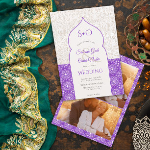 Lila Moroccan blommigt initialer 3, foto bröllop Inbjudningar