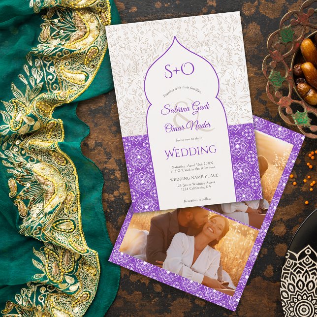 Lila Moroccan blommigt initialer 3, foto bröllop Inbjudningar (Skapare uppladdad)