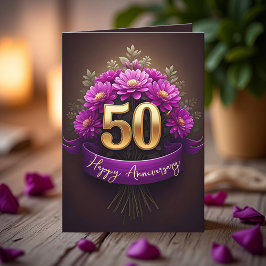 Lila Morsa Flowers Golden 50:e Bröllop-årsdagen Kort