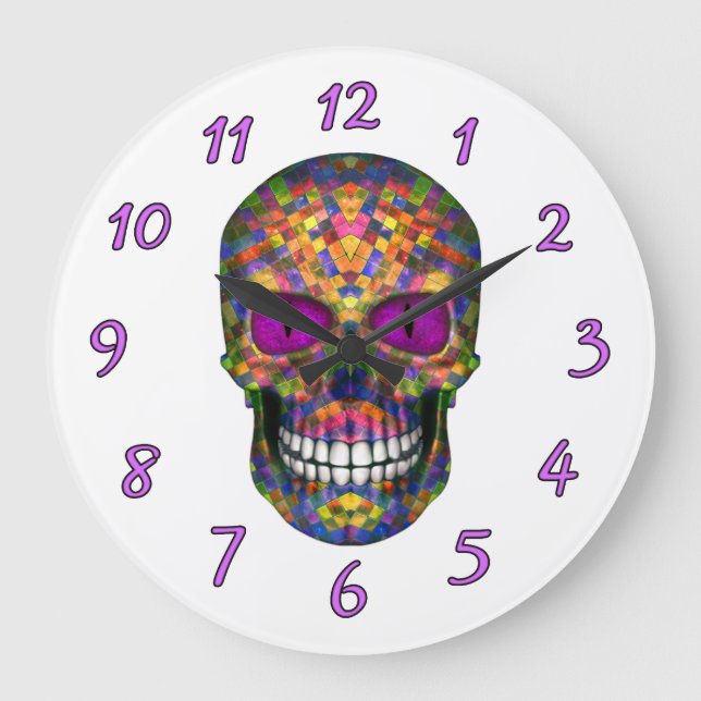 Lila Mosaic Sugar Skull Zombie Wall Clock Stor Klocka (Framsida)
