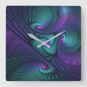 Lila möter turkos modern abstrakt Fractal Art Fyrkantig Klocka