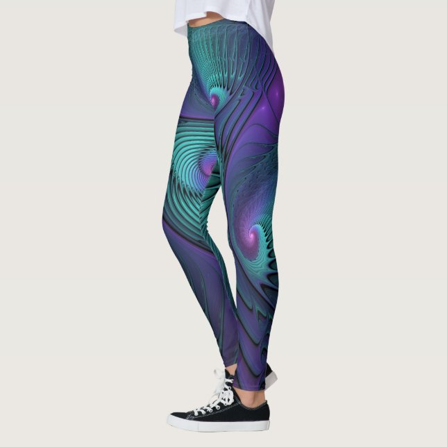 Lila möter turkos modern abstrakt Fractal Art Leggings (Vänster)