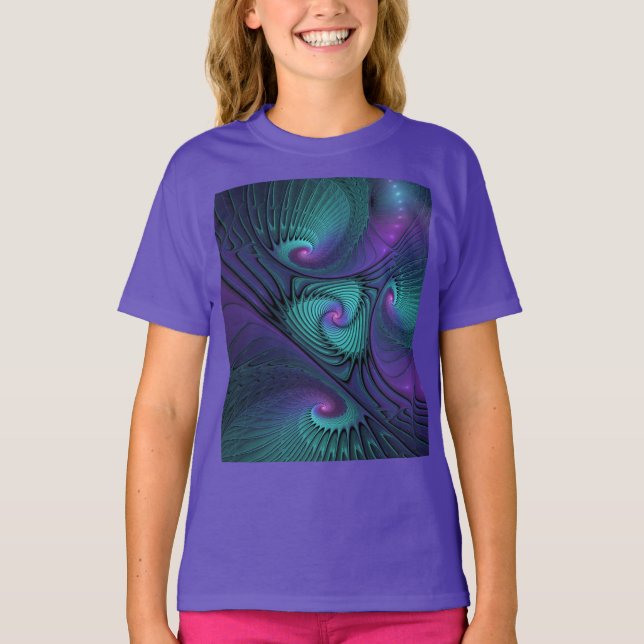 Lila möter Turkos modern abstrakt fraktalkonst T Shirt (Framsida)