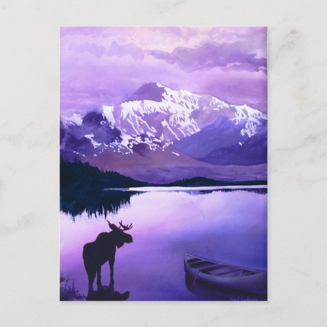 "Lila Mountain Majesty" Moose Watercolor Vykort (Framsida)
