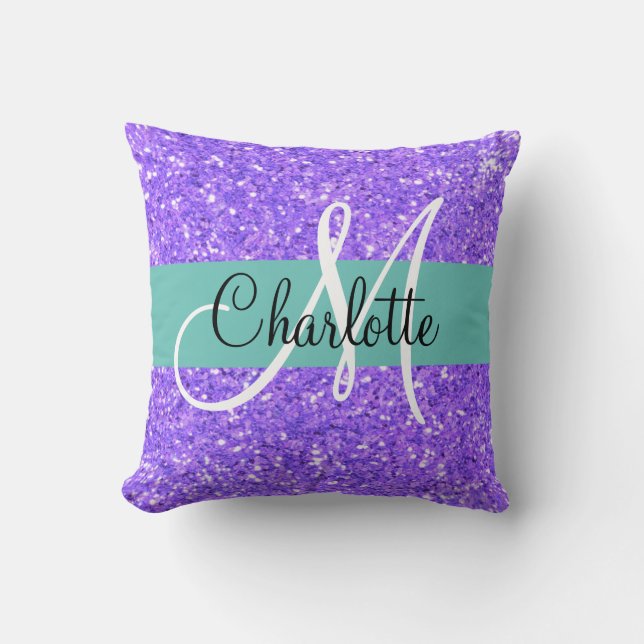Lila mousserande glitter monogrammet kudde (Framsida)