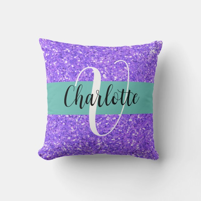 Lila mousserande glitter monogrammet kudde (Framsida)