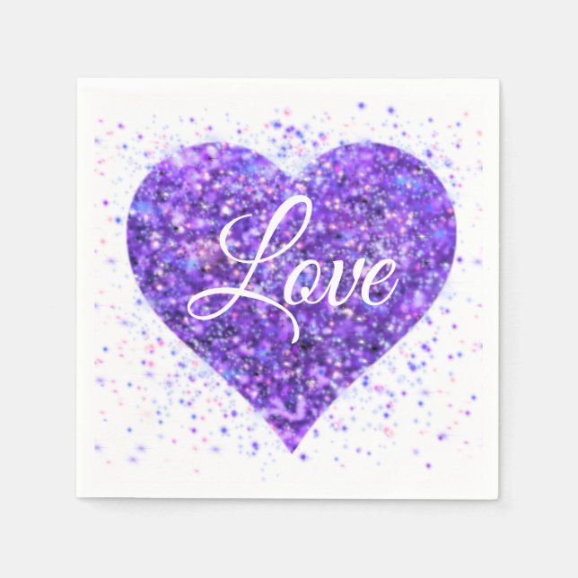 Lila mousserande hjärta, valentin kärlek glitter pappersservett (Framsidan)