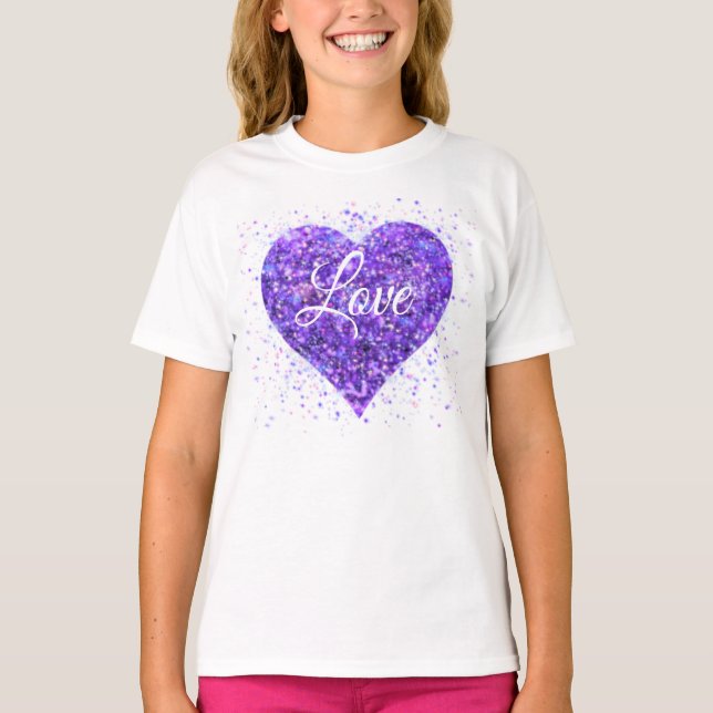 Lila mousserande hjärta, valentin kärlek glitter t shirt (Framsida)