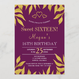 Lila mullbär guld höstlöv sweet sixteen inbjudningar