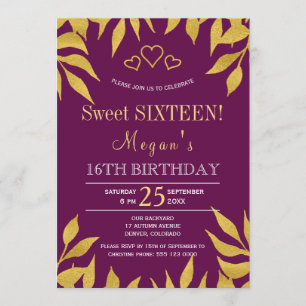 Lila mullbär guld höstlöv sweet sixteen inbjudningar