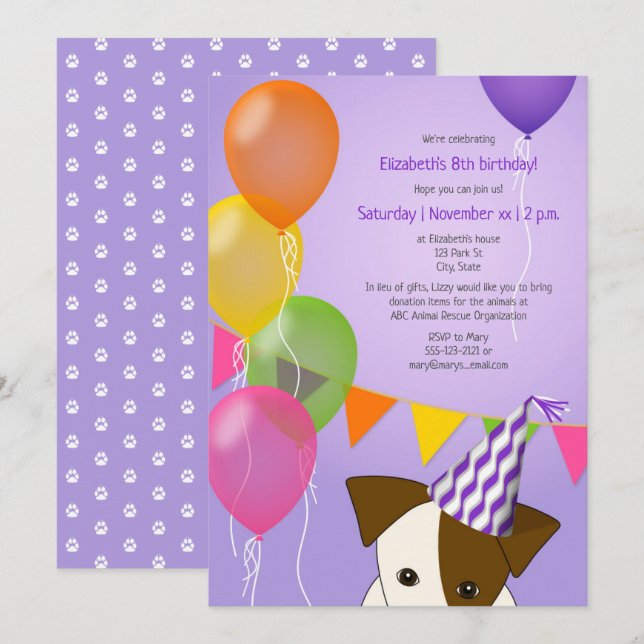 lila multifärgad-ballonger för flickvalsdag inbjudningar (Fram/baksida)