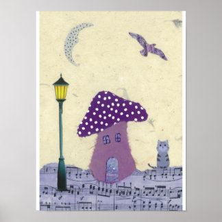 Lila Mushroom House with Lamp Post and Cat Poster