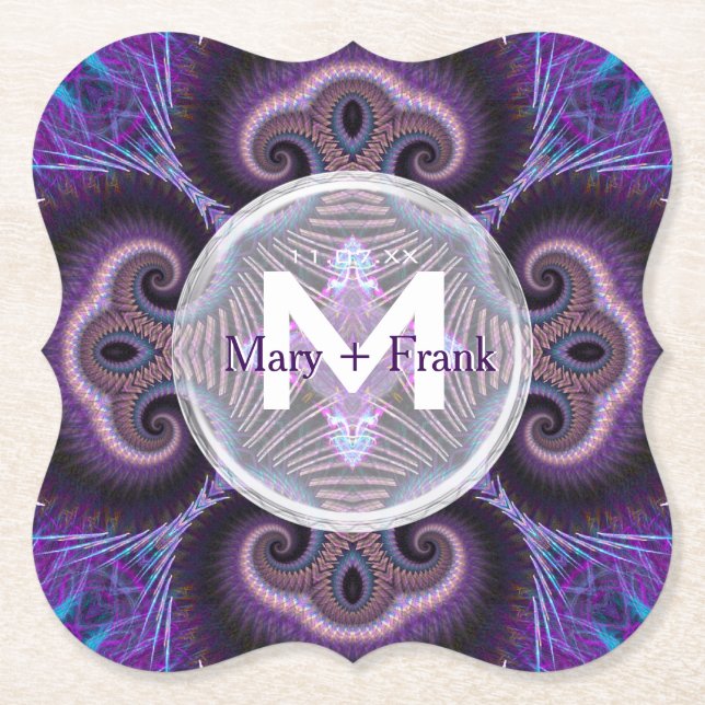 Lila Mushroom Mandala Fractaler Monogram Underlägg Papper (Framsida)