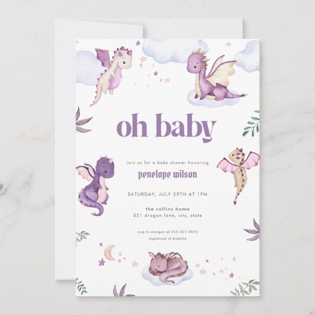 Lila Mythical Dragon Baby Shower-inbjudan Inbjudningar (Framsida)