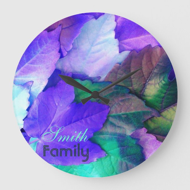 Lila N Teal Grönt Löv Wall Clock *anpassa Stor Klocka (Framsida)