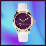 Lila Namn Classy Glam Ro Guld White Band Wrist Wri Armbandsur<br><div class="desc">Den här elegant snyggten glam ro guld: Vuxna handklovar dekoreras med äggplanta lila, vita band och personlig med ditt namn. Du kan enkelt ändra namn och ta bort det vita talet linjer om du vill. Vilken underbar modern gåva till en brud, maid of honor, studenten, mors dag, födelsedag eller något...</div>