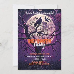 Lila natt fullmåne kusligt träd Halloween-fest Inbjudningar