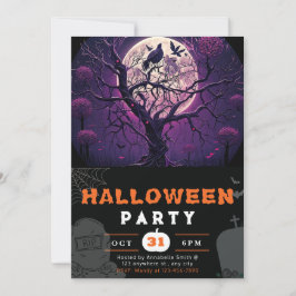 Lila Natt Fullmåne Svart Fågel Svart Halloween Inbjudningar
