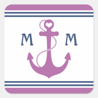 Lila Nautical Heart Anchor Monogram Fyrkantigt Klistermärke