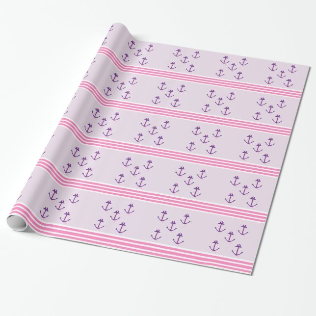 Lila nautiska ankare och rosa ränder presentpapper (Utrullad)