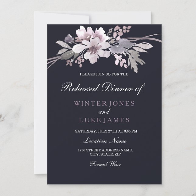 Lila Navy Winter Blommigt Bröllop Rehearsal Dinner Inbjudningar (Framsida)