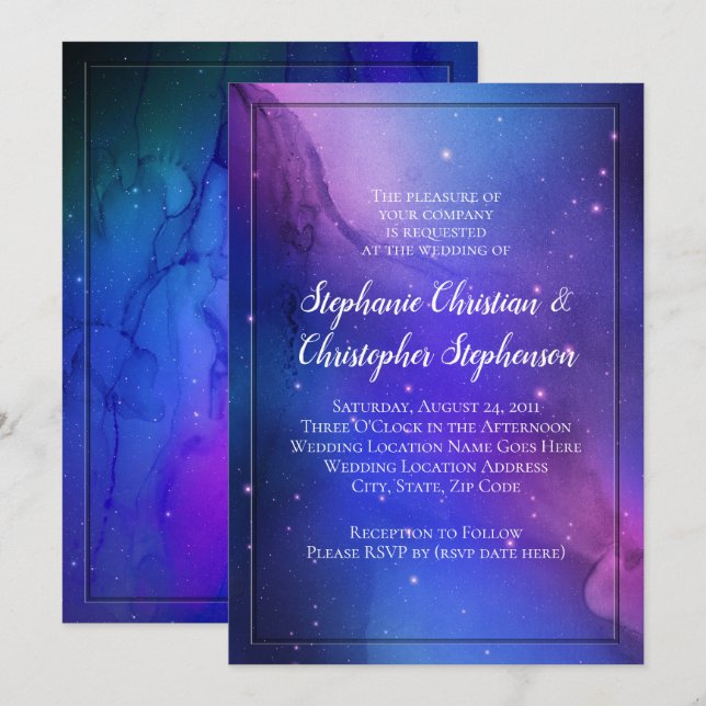 Lila Nebula Celestial Art Rymden Bröllop Inbjudningar (Fram/baksida)