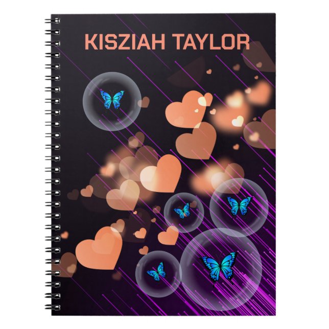Lila Neon Butterfly Girls Heart Cute-eget namn Anteckningsbok (Framsidan)