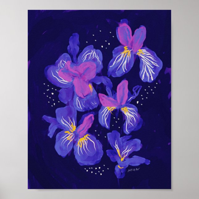 Lila Neon Flowers på natten Poster (Framsidan)