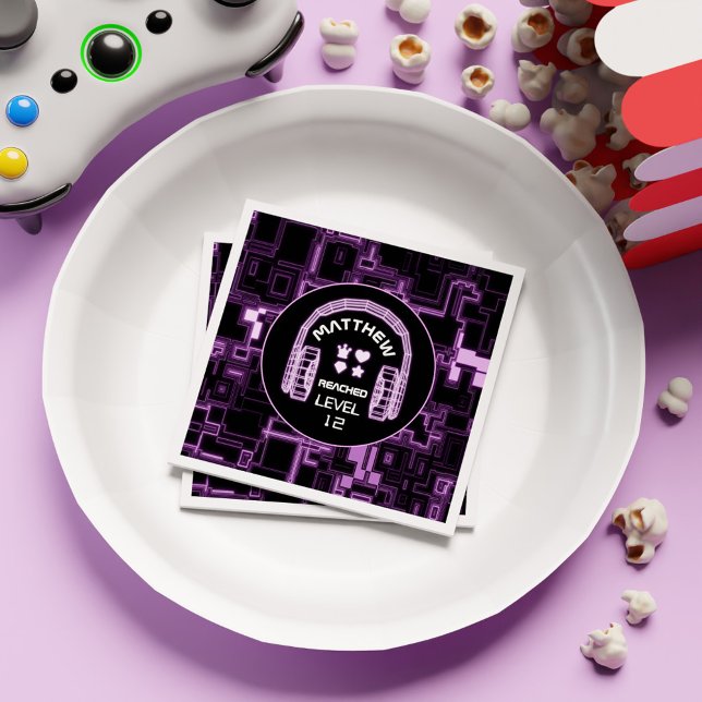 Lila Neon Gaming Boy Gamer Barns födelsedag Party Pappersservett (Purple Neon Gaming Boy Gamer Kids Birthday Party Napkins)