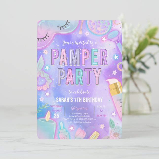 Lila Neon Glow Pamper Spa Party Birthday Inbjudningar (Stående Fram)